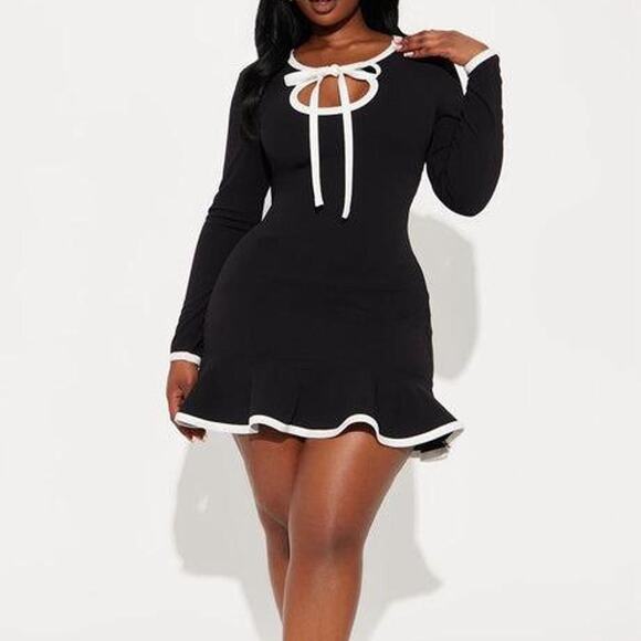 Fashion Nova Set The Bar Mini Dress NWT Black White Bow Long Sleeve Women’s XL - Picture 1 of 8